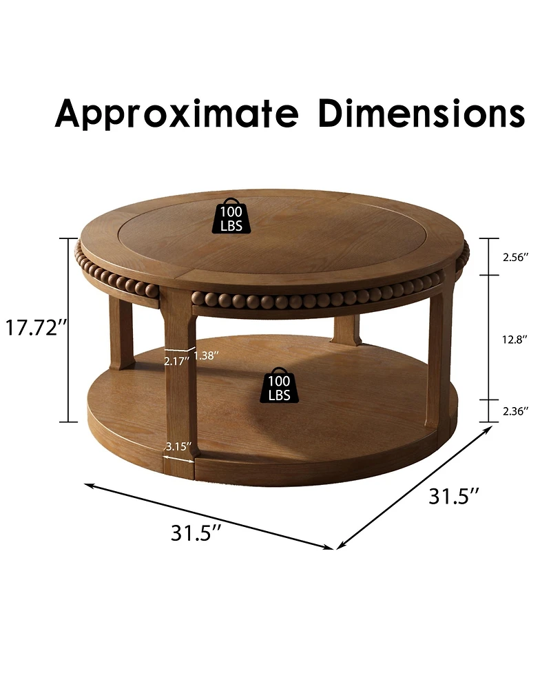 Rainsken Round Coffee Table, 2-Tier Solid Wood Center Table with Ball-Joint Beaded Edge and Sturdy Legs for Living Room, Office