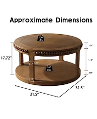 Rainsken Round Coffee Table, 2-Tier Solid Wood Center Table with Ball-Joint Beaded Edge and Sturdy Legs for Living Room, Office