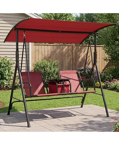 Homfan 2-Person Outdoor Canopy Swing Chair with Built-In Cooler, Cup Holders and Pivot Table, Heavy-Duty Steel Frame Patio Swing