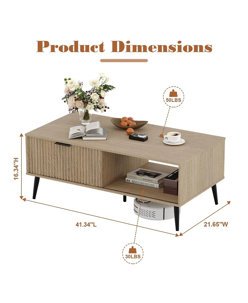 Homfan Coffee Tables for Living Room, Farmhouse Center Table with Hidden Storage and Fluted Sliding Door, Dining Table for Home Apartment Office