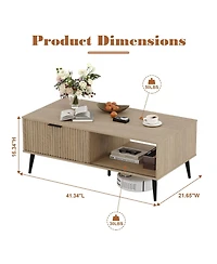 Homfan Coffee Tables for Living Room, Farmhouse Center Table with Hidden Storage and Fluted Sliding Door, Dining Table for Home Apartment Office