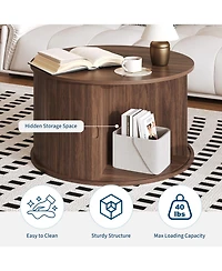 Homfan 28" Round Coffee Table with Storage, Mid Century Modern Fluted Accent Sliding Tambour Door for Living Room