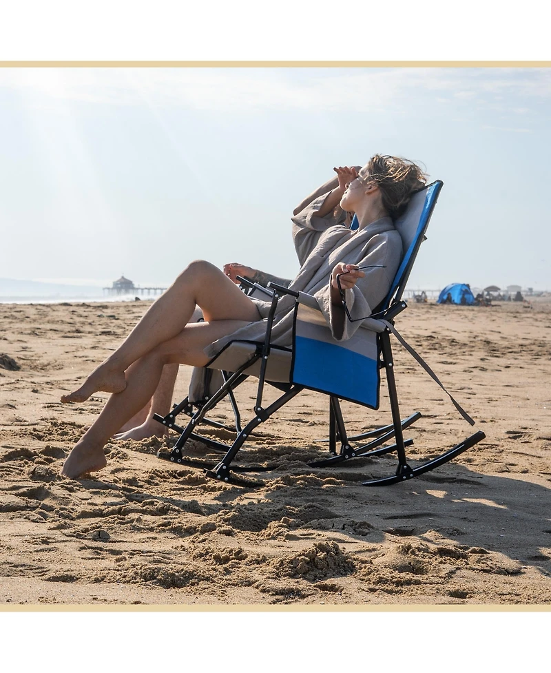 Arrowhead Outdoor 2-Pack Foldable Rocking Camp Chair, Xl Cup Holder, Side Pocket, Space-Saving Folding, Swinging Rocker, Camping, Fishing, Patio, Blue