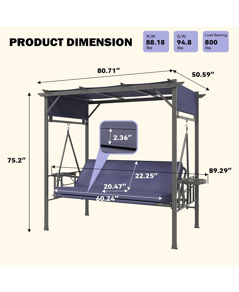 Aecojoy 3 Seat Porch Swing Bed, Outdoor Patio Metal Pergola Swing Bench with Hanging Cloud Hammock Chair