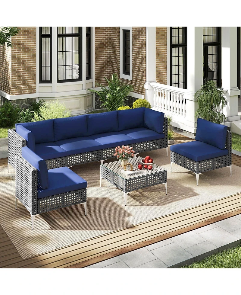 Costway 7 Piece Outdoor Furniture Set with Seat & Back Cushions Tempered Glass Coffee Table