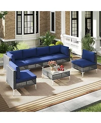 Costway 7 Piece Outdoor Furniture Set with Seat & Back Cushions Tempered Glass Coffee Table