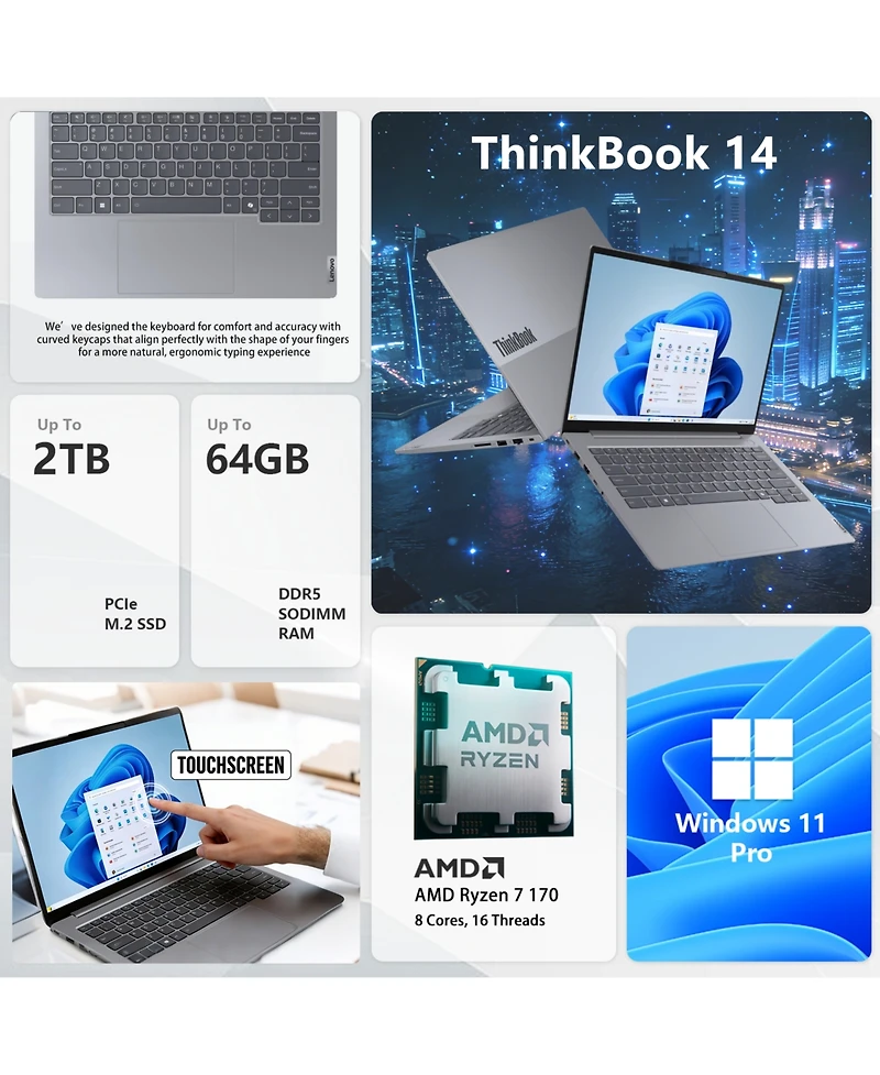 Lenovo ThinkBook 14 14" Traditional Laptop Amd Ryzen 7 16GB Ram Amd Radeon Graphics 512GB Ssd Storage Windows 11 Pro 60Hz