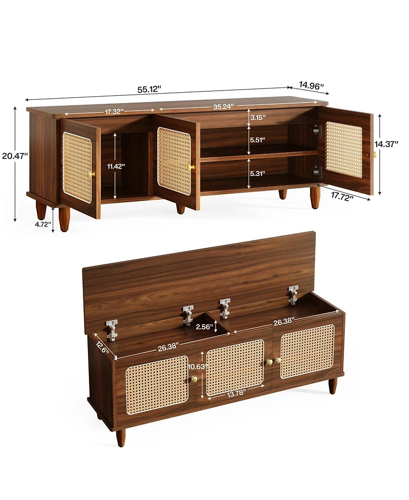 Yigii Shoe Bench Lift Top Storage 2-Tier Rattan Doors 55" Large Cabinet Seat Hallway Living Room