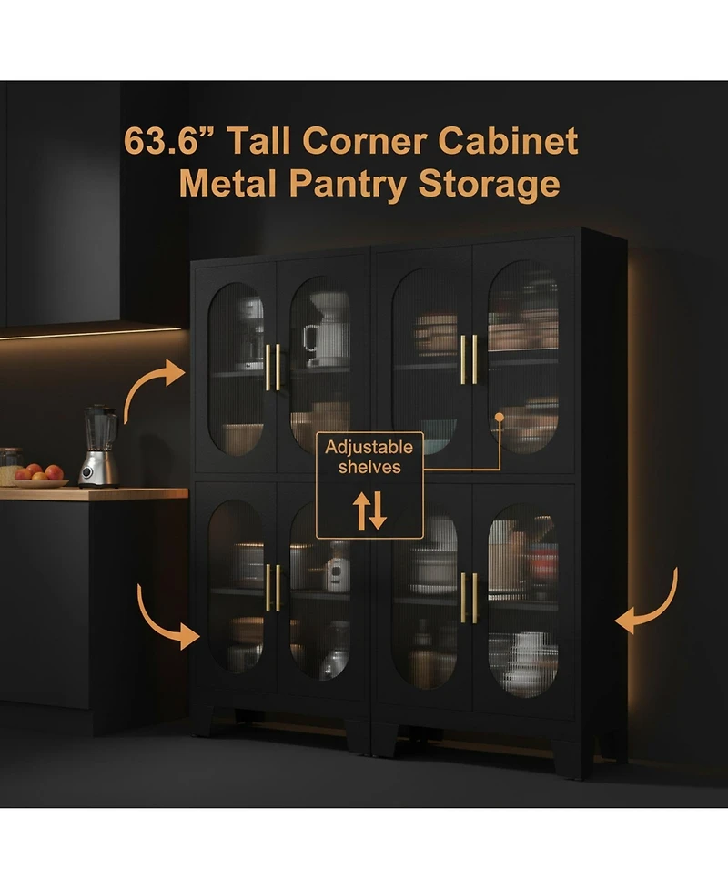 Yigii Tall Metal Corner Cabinet 4 Glass Doors Open Bar Shelf Farmhouse Storage for Kitchen Bathroom Living Room
