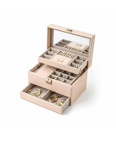 Yigii 3 Layers Leather Jewelry Storage Box with Mirror Removable Tray Portable Travel Organizer for Women