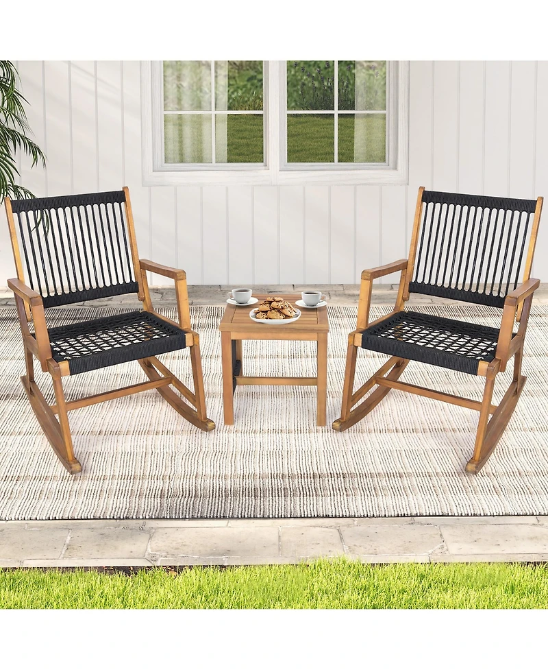 Gymax 3 Piece Acacia Wood Rocking Chair Set with Coffee Table and All-Weather Rope Patio Poolside