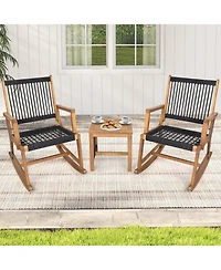 Gymax 3 Piece Acacia Wood Rocking Chair Set with Coffee Table and All-Weather Rope Patio Poolside