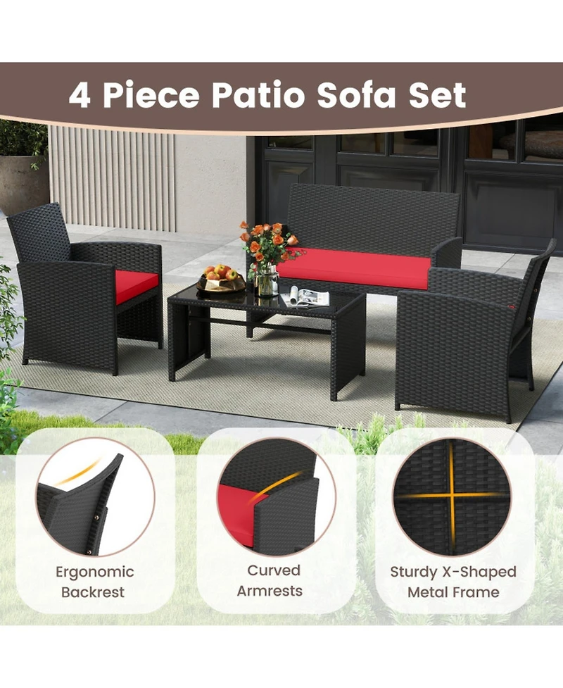 Sugift 4 Pieces Patio Furniture Set with Tempered Glass Tabletop and Removable Cushion