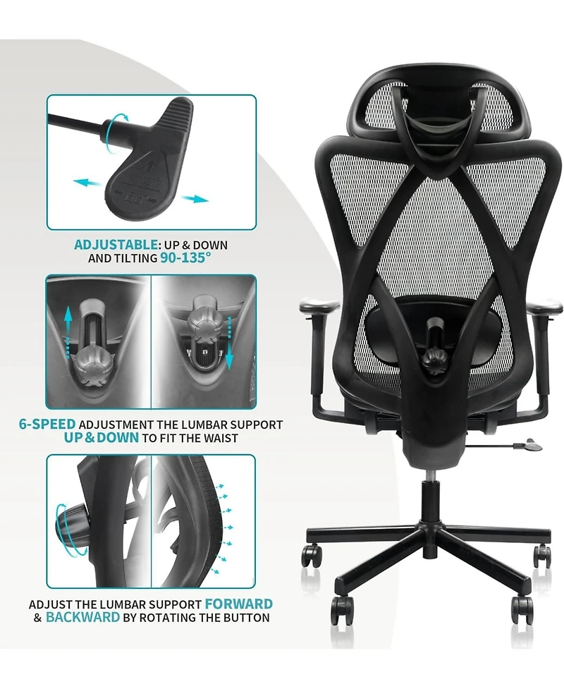 Flynama Mesh Office Chair with Mute Wheel,Adjustable Lumbar Headrest Chair