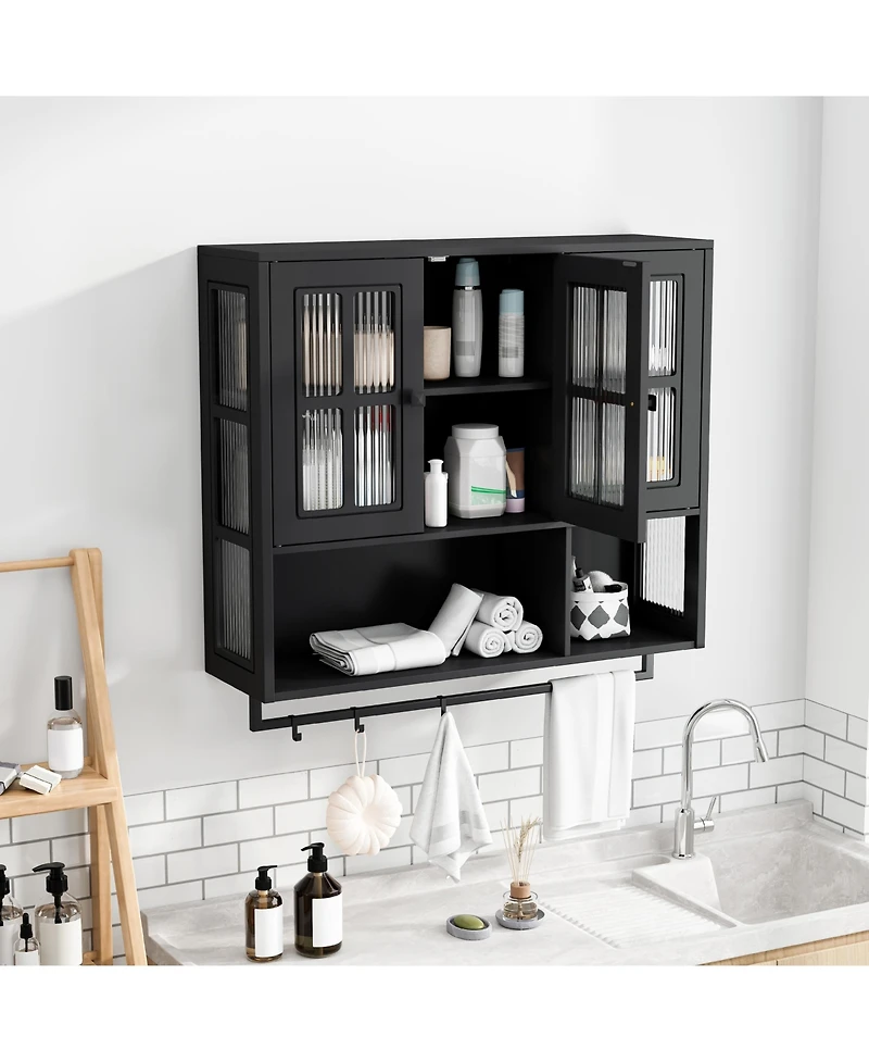 flynama Wooden Bathroom Wall Cabinet with Glass Door and Towel Bar, Modern Minimalist Wall Mounted Storage Cabinet for Bathroom and Living Room