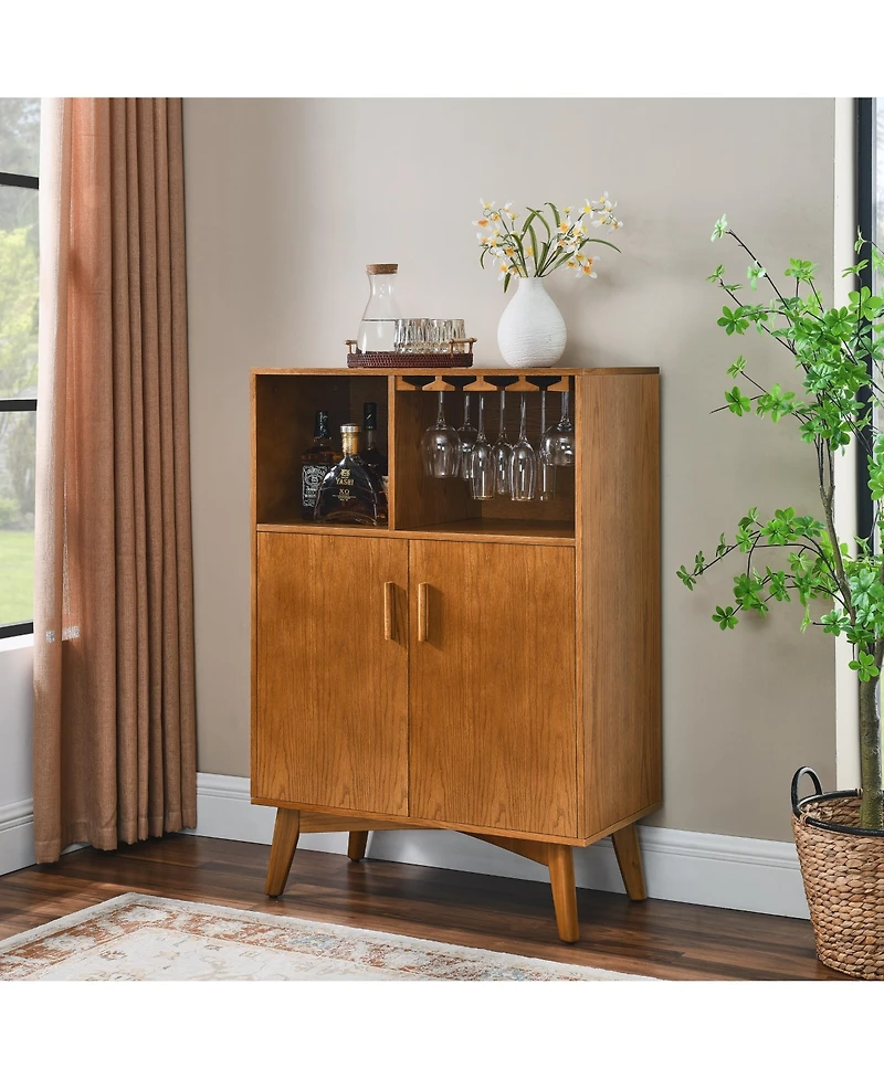 Flynama Wine Cabinet with Wine Glass Holder and Adjustable Shelf, Farmhouse Buffet Sideboard