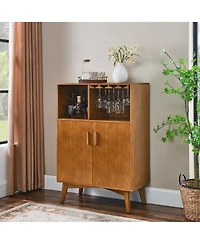 Flynama Wine Cabinet with Wine Glass Holder and Adjustable Shelf, Farmhouse Buffet Sideboard