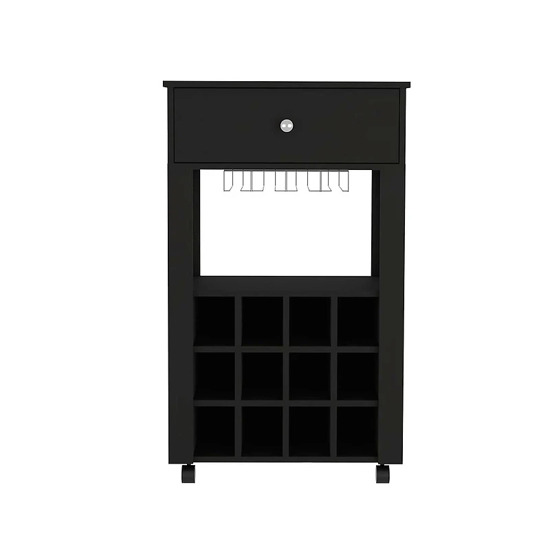 Flynama Wengue Bayamon Bar Cart with 12 Wine Cubbies, 4 Legs and 1 Open Shelf