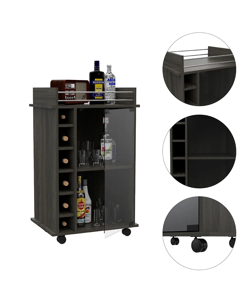 Flynama Espresso Bar Cart with 2 Shelves, 6 Cubbies, 4 Locking Casters and Glass Door Cabinet