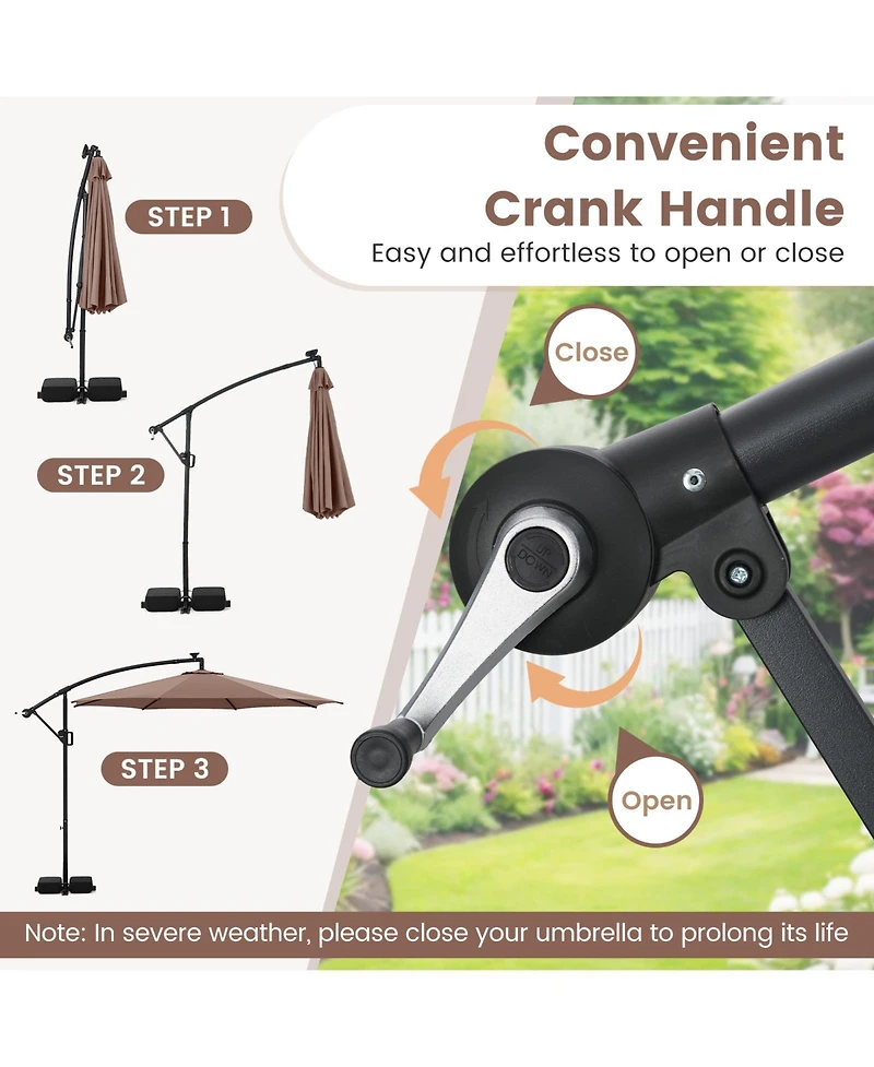 Gouun 10 ft Solar Offset Hanging Patio Umbrella with Base, 96 Led Lights and 360-Degree Rotation