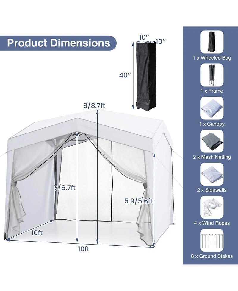 Gouun 10 x 10 ft Pop-Up Canopy Tent with 4 Sidewalls, Mesh Netting and Wheeled Bag