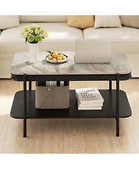 Gouun 2-Tier Sintered Stone Top Rectangular Coffee Table with Metal Frame, 35.5 in