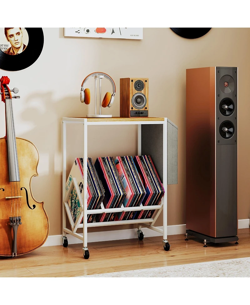 Gouun Rolling 2-Tier Record Player Stand with Vinyl Storage and Magazine Holder, 20 x 12 x 25 in