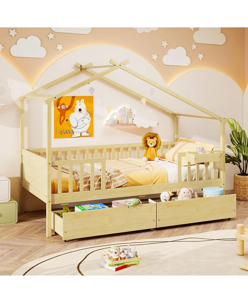 Sugift House Bed with Storage Drawers Roof and Guardrails