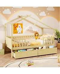 Sugift House Bed with Storage Drawers Roof and Guardrails