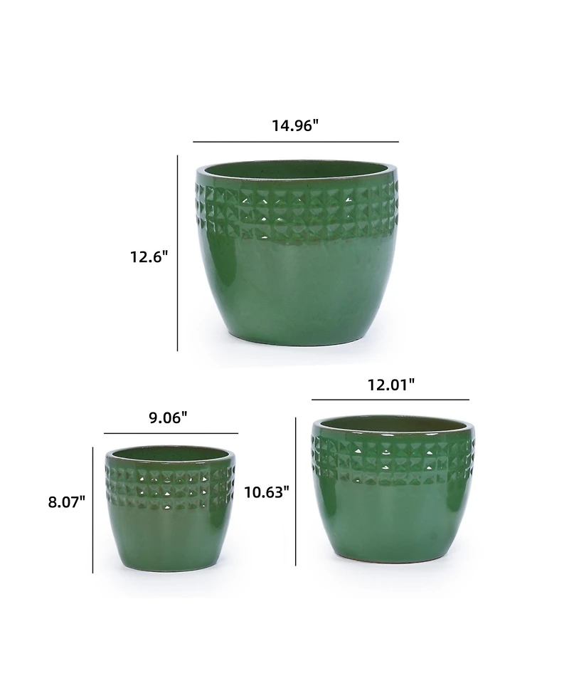 Clihome Handmade Ceramic Planter Set of 3, Diamond Pattern,for Indoor & Outdoor Use, Breathable Clay