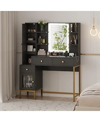 Homfan Modern Vanity Desk with Led Lighted Mirror - 3-Color Dimmable Lighting, Usb Charging Station, Hidden Jewelry Cabinet, Drawers and Shelves