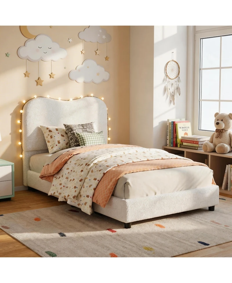 Homfan Soft Upholstered Kids Bed Frame with Headboard, Low Profile Platform, Strong Wooden Slats, Noise-Free, No Box Spring Needed