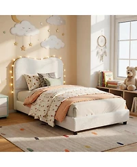 Homfan Soft Upholstered Kids Bed Frame with Headboard, Low Profile Platform, Strong Wooden Slats, Noise-Free, No Box Spring Needed