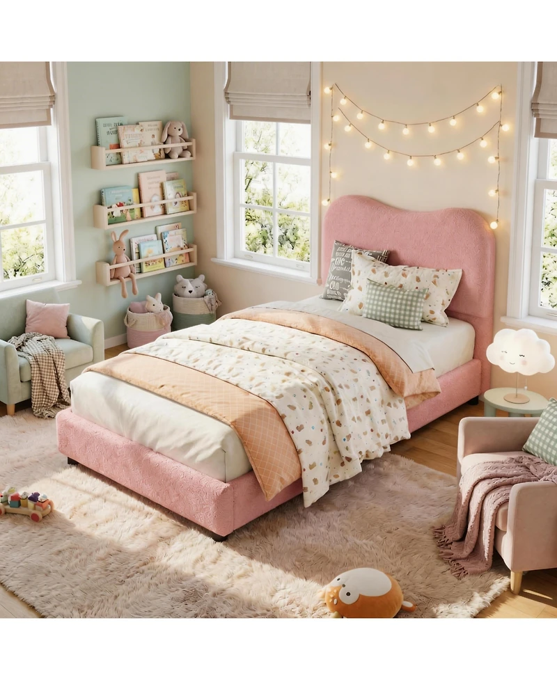 Homfan Soft Upholstered Kids Bed Frame with Headboard, Low Profile Platform, Strong Wooden Slats, Noise-Free, No Box Spring Needed