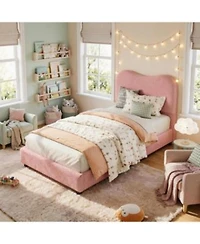 Homfan Soft Upholstered Kids Bed Frame With Headboard Low Profile Platform Strong Wooden Slats Noise Free No Box Spring Needed Easy Assembly