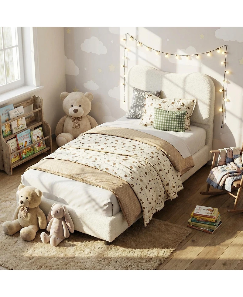 Homfan Soft Upholstered Kids Bed Frame with Headboard, Low Profile Platform, Strong Wooden Slats, Noise-Free, No Box Spring Needed