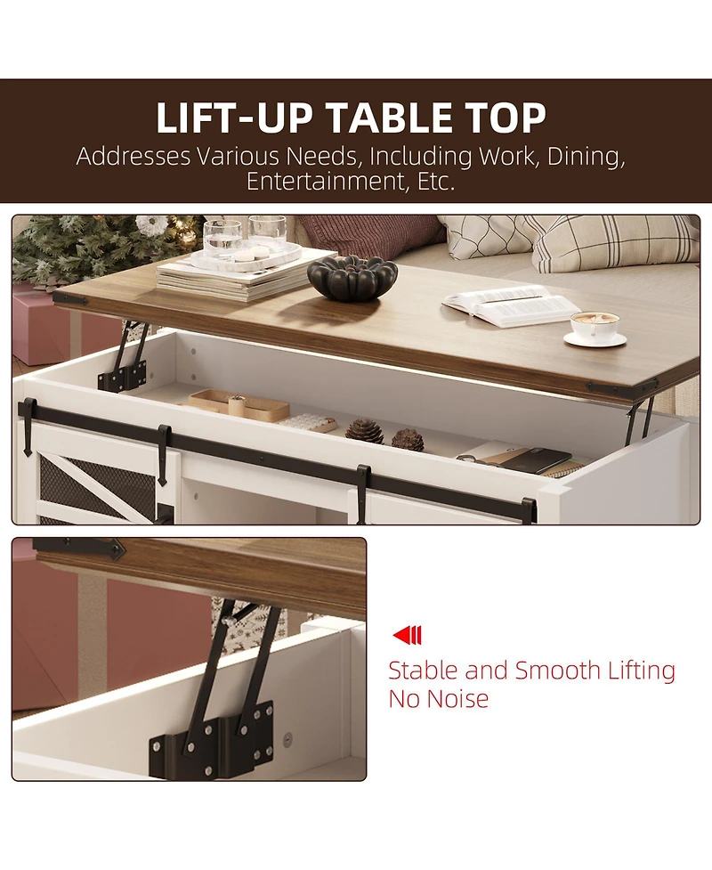 Homfan 47 Inch Farmhouse Lift Top Coffee Table with Sliding Barn Doors, Spacious Hidden Storage, Rectangle Entryway Cabinet