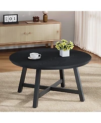Homfan Modern 36 Inch Round Coffee Table, Industrial Style, Black Metal Frame, Wood Grain Top, Thick Legs, Adjustable Feet, Easy Assembly