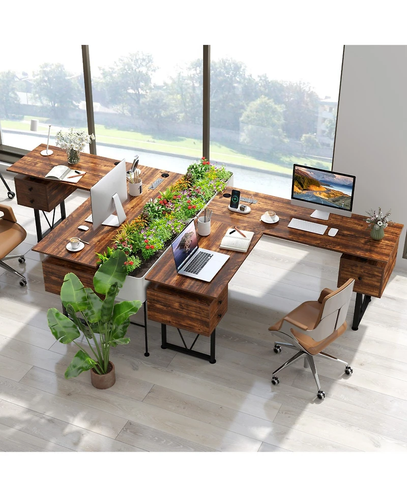 Gouun L-Shaped Desk with Power Outlets and 3 Drawers