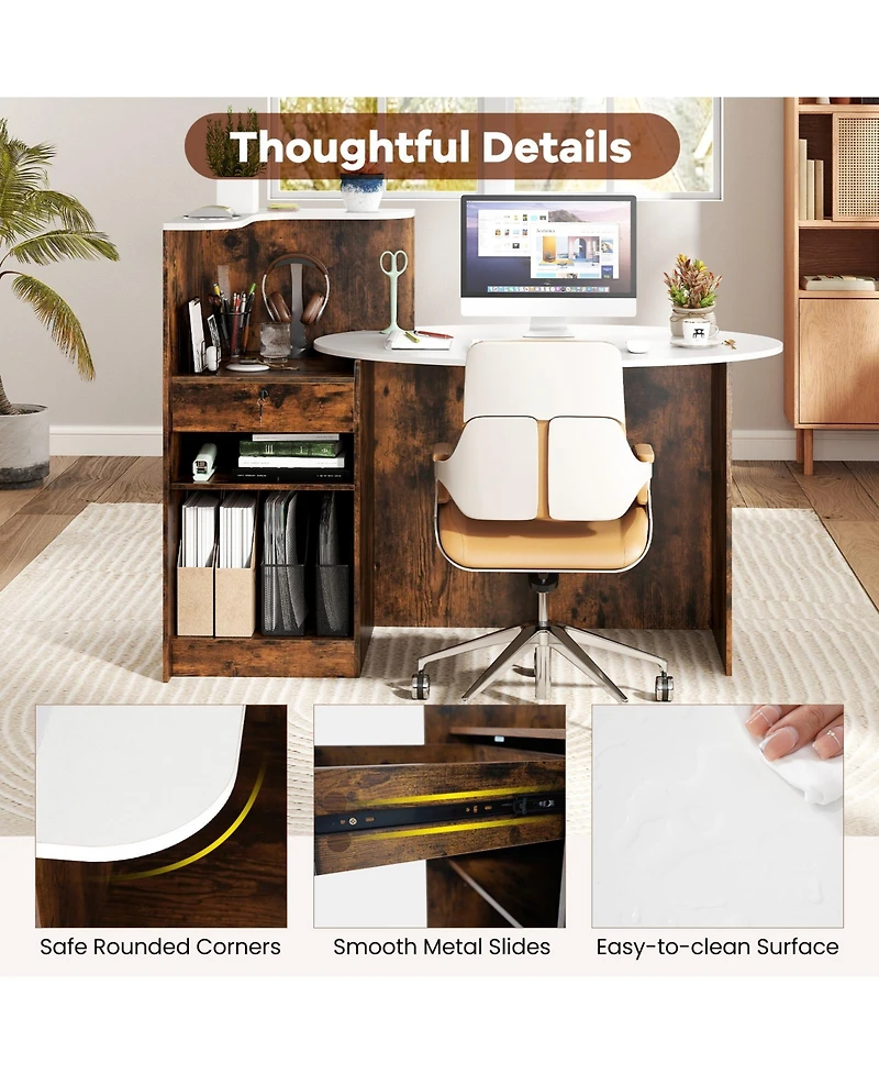 Gouun Reception Desk with Oval Tabletop and Lockable Drawer