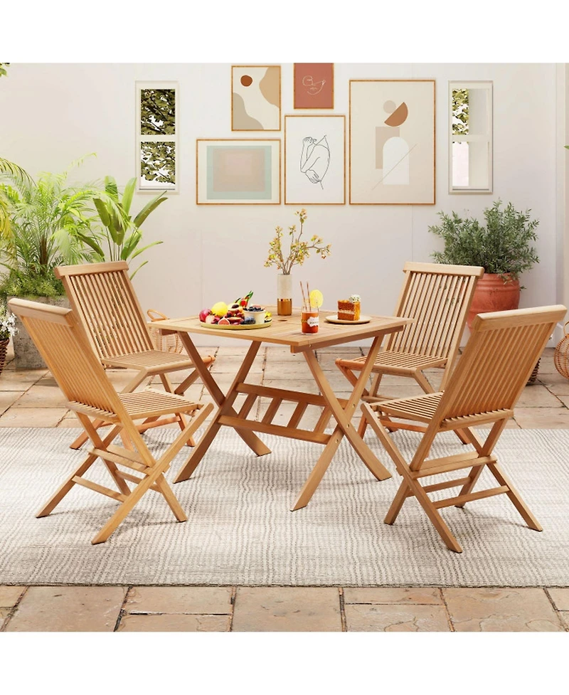 Sugift Acacia Wood Folding Patio Dining Table with Umbrella Hole for 4 People