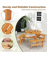 Sugift 6-Person Round Picnic Table Set with 3 Built-in Benches and Umbrella Hole