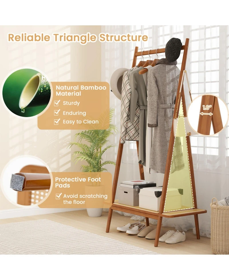 Gouun Bamboo Clothes Rack with Rattan Shelf and Copper Hooks