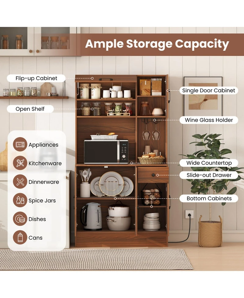 Gouun Kitchen Pantry Cabinet with Built-In Charging Station and Microwave Stand