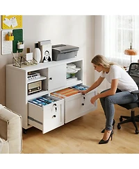 Rainsken Metal Filing Cabinet with Lock, 2-Drawer File Cabinet with Open Storage Shelves and Full-Extension Slides, Holds A4/Legal/Letter Files