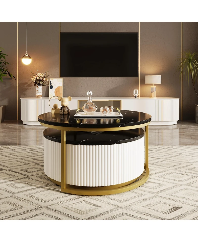 Rainsken Modern Round Nesting Coffee Table Set, Center Table with Drawers, Decorated with Grooves for Living Room and Home Office