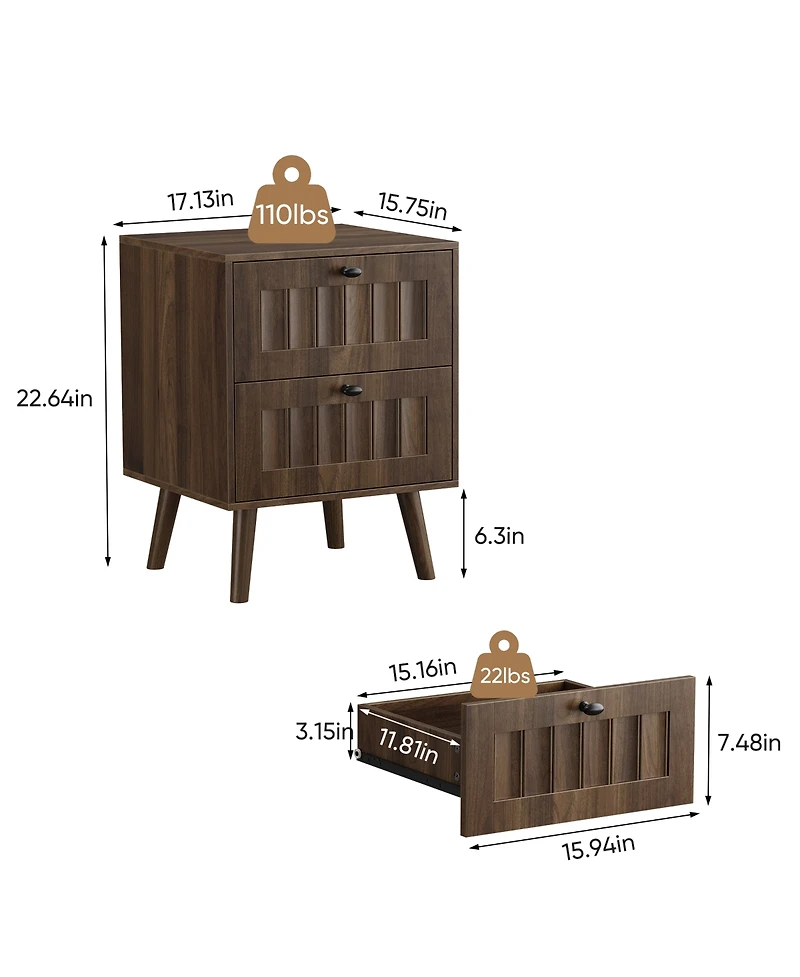 Rainsken Mid-Century Modern Nightstand Set of 2, Double-drawer Bedside Table with Solid Wood Legs for Bedroom, Home Office, Walnut