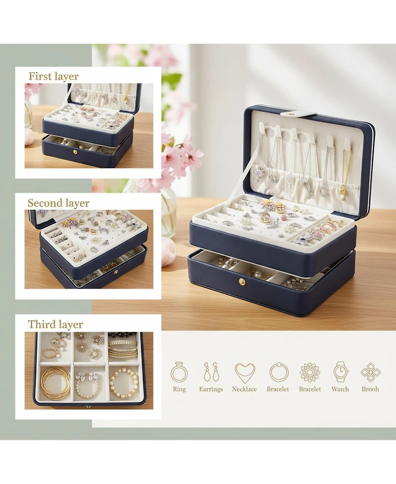 Yigii Double Layers Pu Leather Jewelry Travel Organizer Case for Women Gift