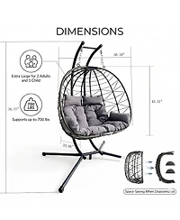 Rainsken Double Hanging Egg Chair, Oversized 2-Person Indoor Outdoor Hammock Swing Chair with Stand and Cushions for Bedroom, Balcony, Garden