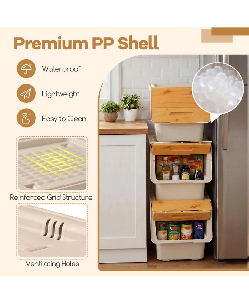 Gouun Set of 3 Stackable Storage Bins on Wheels with Stay-Open Lids, 35 Qt Each